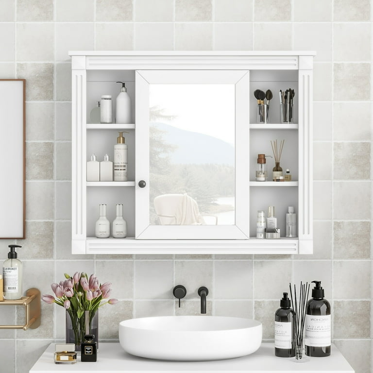 Bathroom Wall Storage Fluted Pillars Mirrored Door Six Shelves