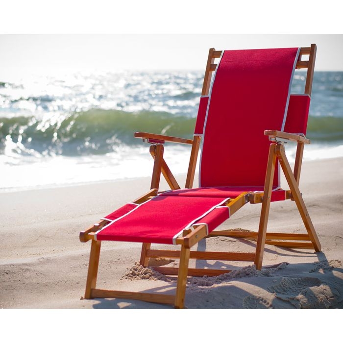Beach Chair Red Marine Fabric Integrated Footrest Wood Folding