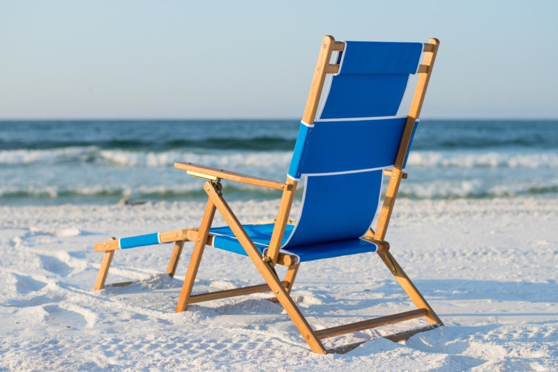 Beach Chair Royal Blue Fabric White Piping Matching Footrest Wood