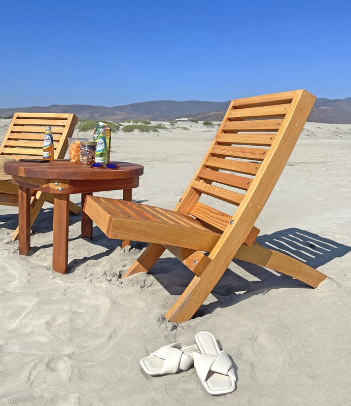 Beach Chair X-Frame Legs Slatted Backrest Low Profile Folding Wood