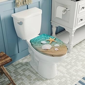 Beach Theme Toilet Seat: Elongated Resin Ocean Graphic Lid.