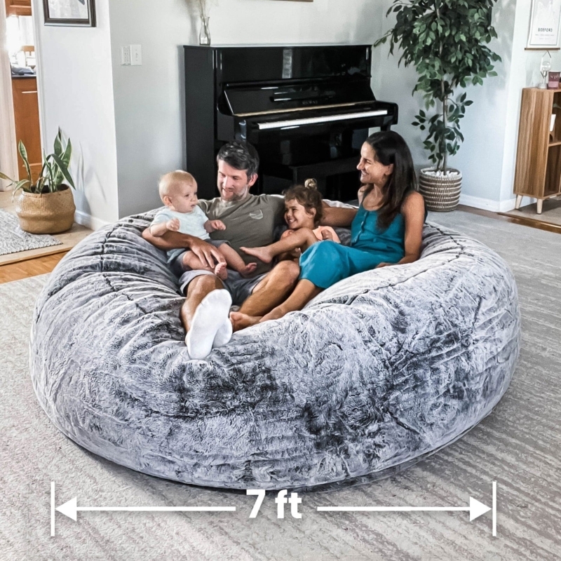 Bean Bag Chair: 7ft Diameter, Heathered Grey Shaggy Faux Fur.