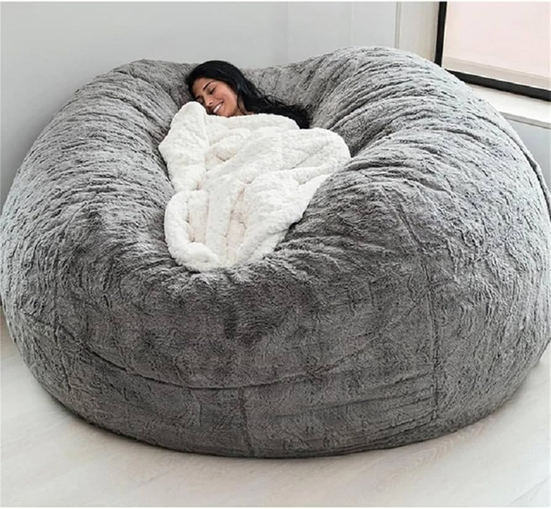 Bean Bag Chair: 7ft Light Grey Shaggy Faux Fur, Sunken Seating Design