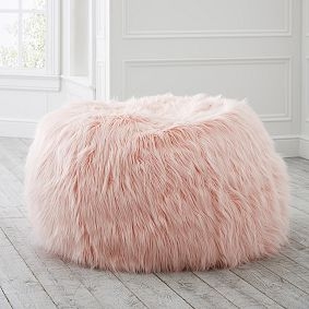 Bean Bag Chair: Blush Pink Himalayan Long Pile Faux Fur, Shaggy Accent