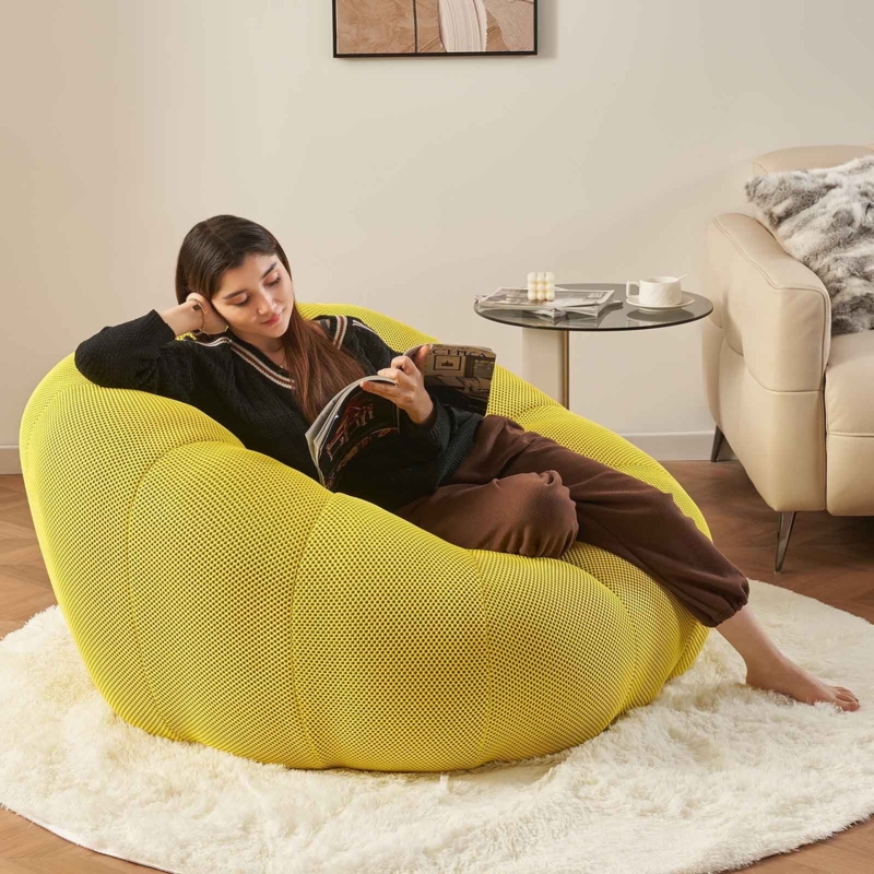 Bean Bag Chair, Bright Yellow Mesh Fabric Bubble Design, Curved Back