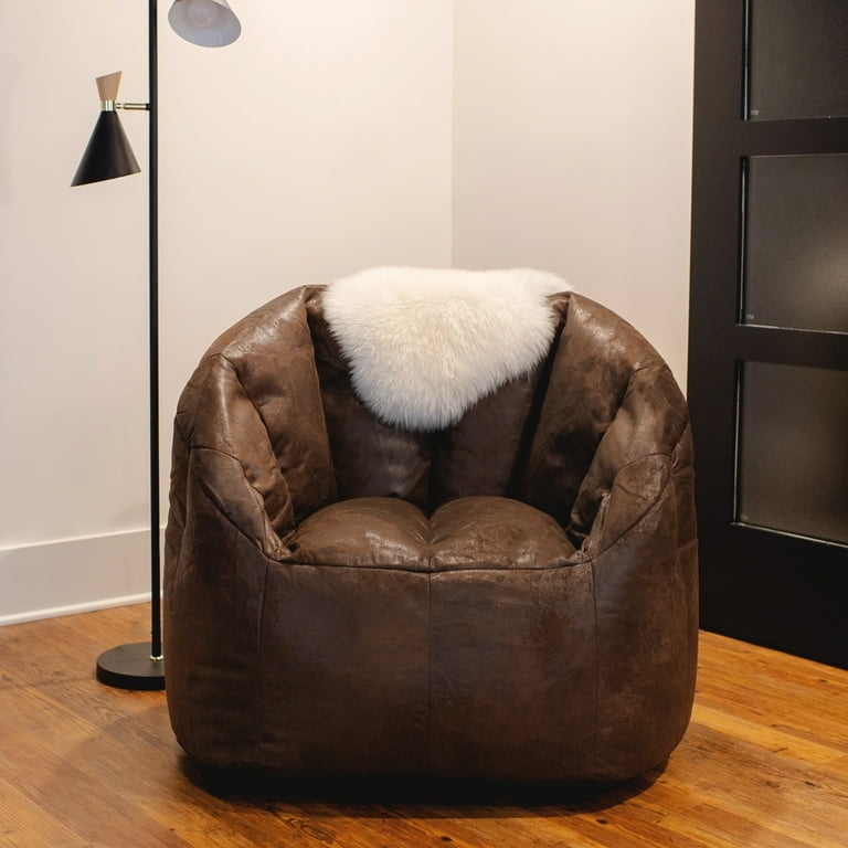 Bean Bag Chair Bucket Seat Espresso Vegan Leather Faux Fur