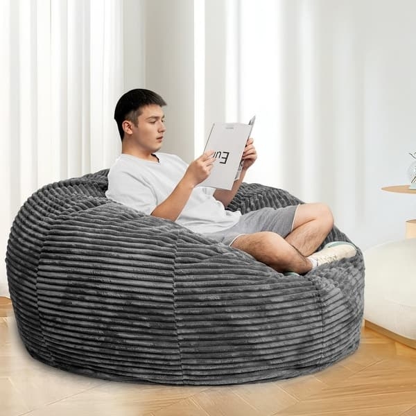 Bean Bag Chair Charcoal Gray Ribbed Upholstery Oversized Lounger