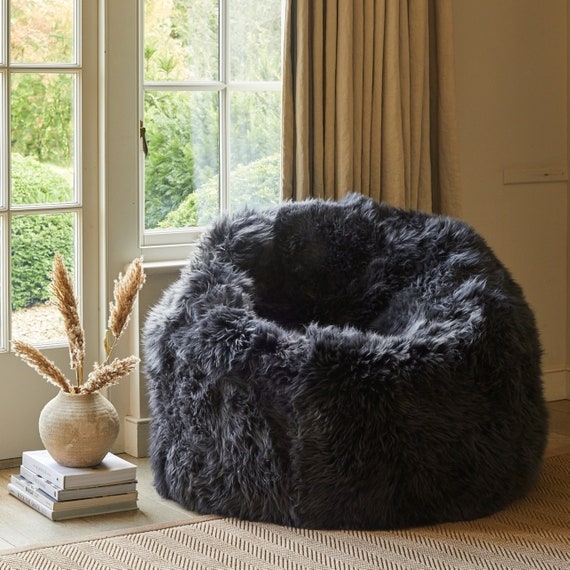 Bean Bag Chair, Charcoal Grey Faux Fur Shaggy High Pile Texture Voluminous