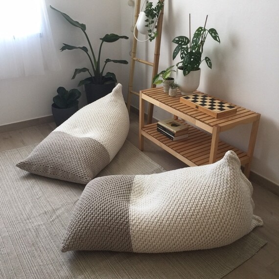 Bean Bag Chair Chunky Knit Two Tone Eco Cotton Floor Pillow