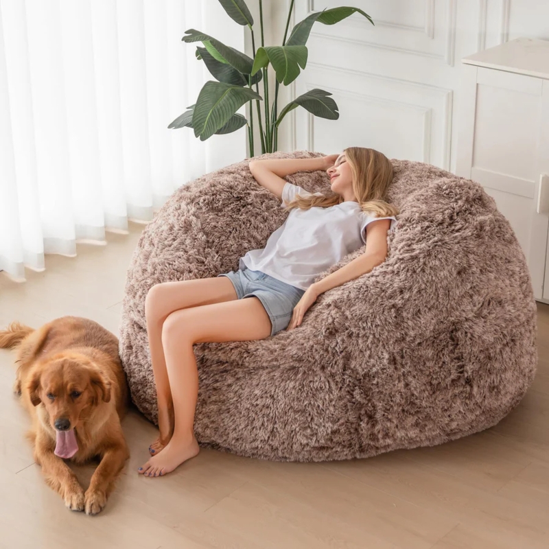 Bean Bag Chair Coffee Brown Shaggy Faux Fur Giant Floor Bed