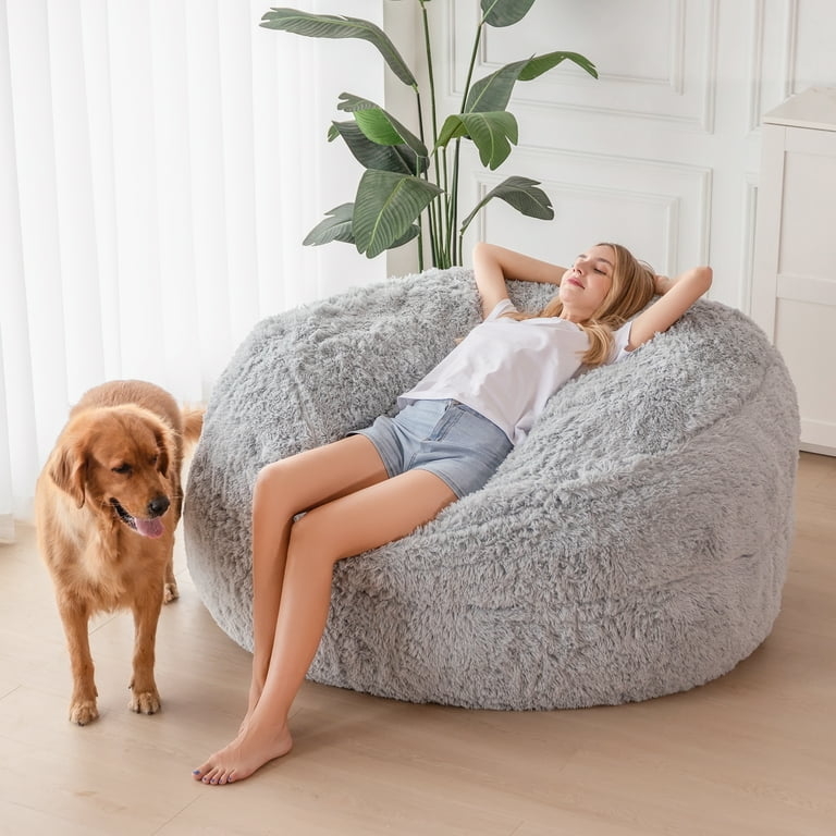 Bean Bag Chair: Convertible Function Bed, Light Grey Shaggy Plush.