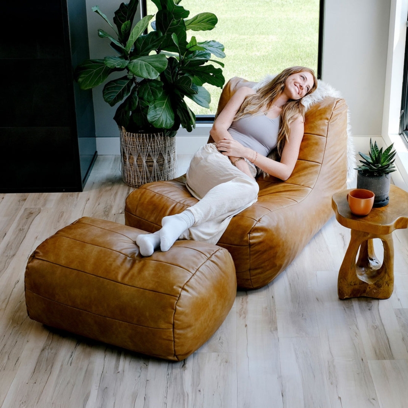 Bean Bag Chair, Copper Harbor Vegan Leather Channeled Stitching with Ottoman