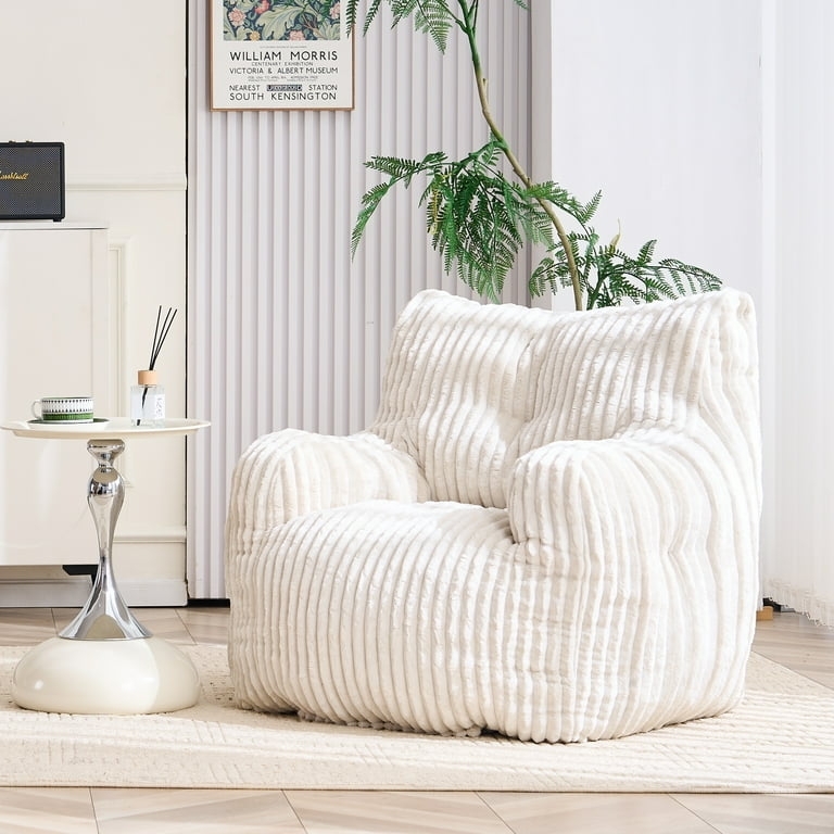 Bean Bag Chair Cream Beige Ribbed Corduroy Floor-Hugging Design