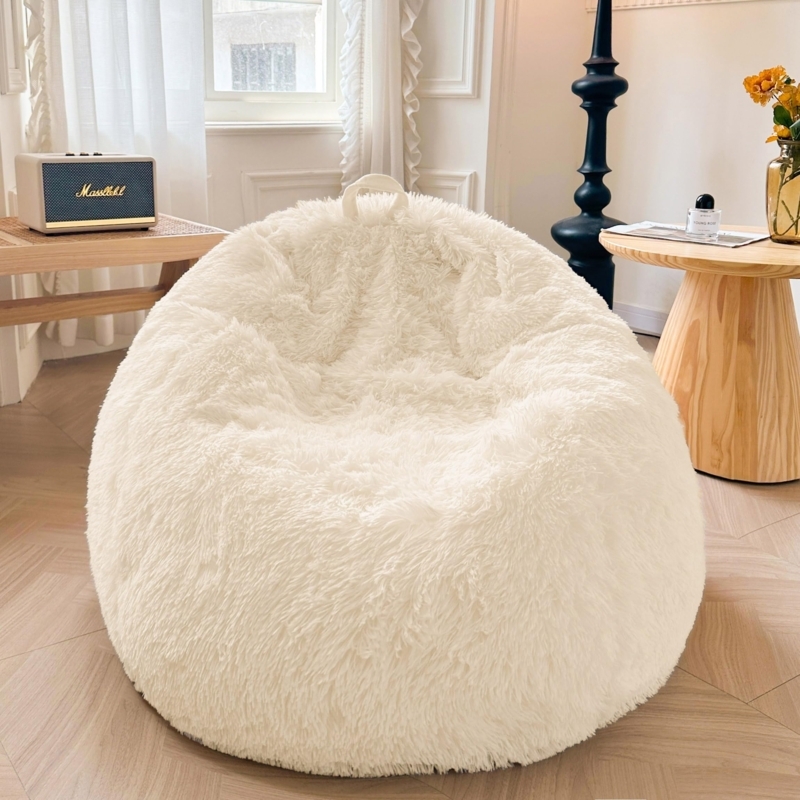 Bean Bag Chair: Cream Off-White Faux Fur with Top Handle, Round Shape