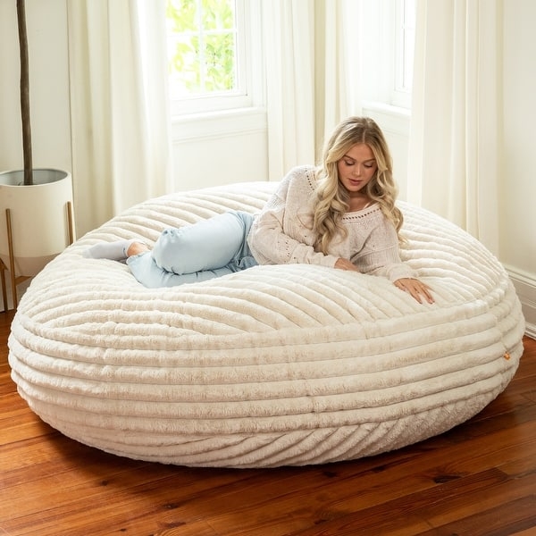 Bean Bag Chair: Cream Ribbed Mondo Faux Fur, Oversized Cocoon Design.