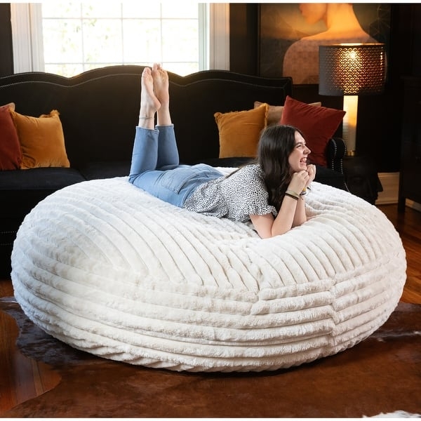 Bean Bag Chair, Creamy White Ribbed Faux Fur, Oversized Cocoon Shape