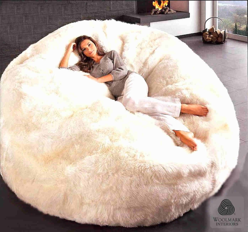 Bean Bag Chair: Creamy White Shaggy Wool-Like Textile, Floor Seating