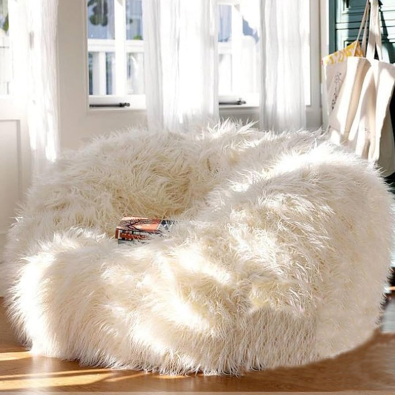 Bean Bag Chair Creamy White Slouchy Long Pile Faux Fur