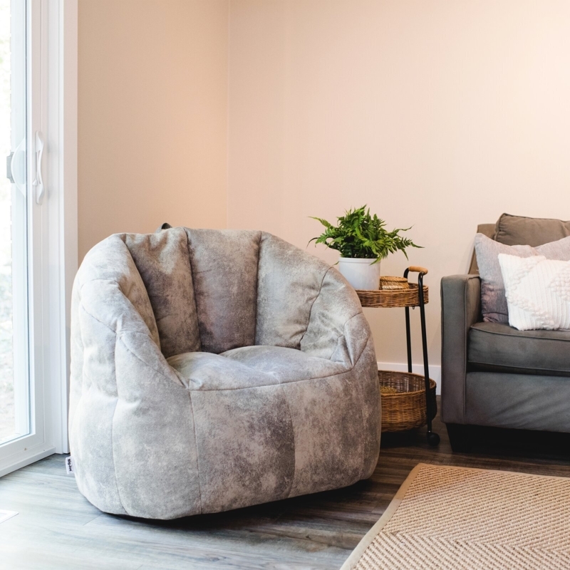 Bean Bag Chair, Distressed Grey Leather-Like, Structured Silhouette High Back