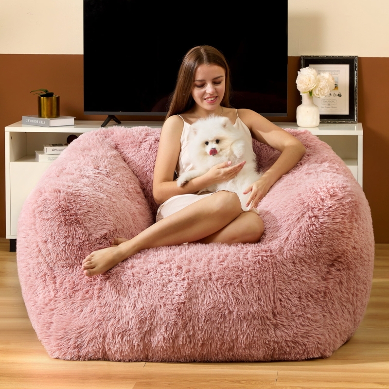 Bean Bag Chair Dusty Pink Shaggy Fur With Armrests High Back
