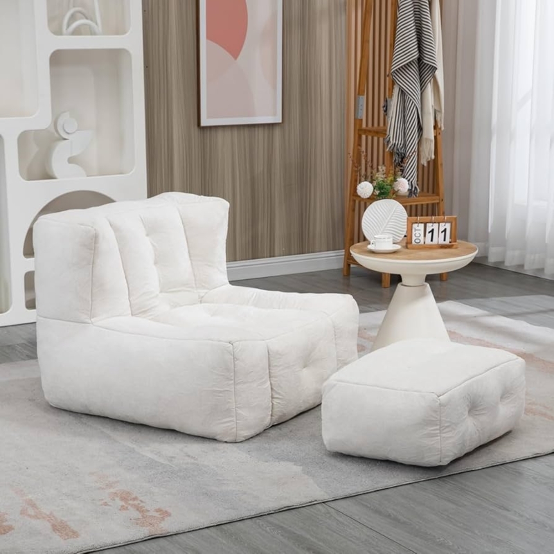 Bean Bag Chair Fleece Tufted with Ottoman Lounge Set