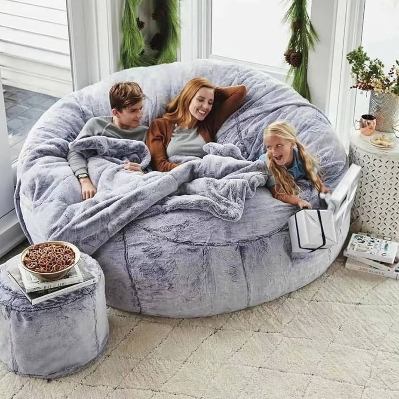 Bean Bag Chair, Giant Dusty Lavender Shaggy Faux Fur with Matching Pouf