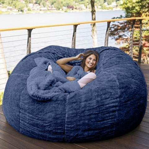 Bean Bag Chair Giant Navy Shaggy Faux Fur Integrated Blanket