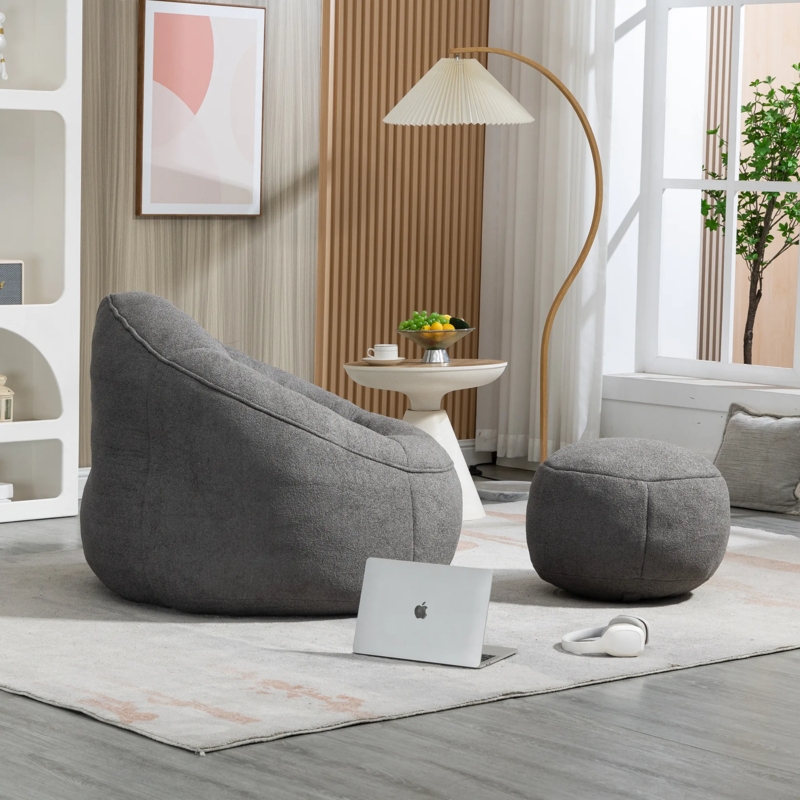Bean Bag Chair Gray High Back Foam with Footrest Set