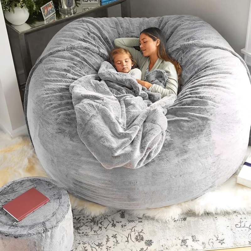 Bean Bag Chair: Grey Faux Fur with Matching Ottoman, Deep-Set Seat