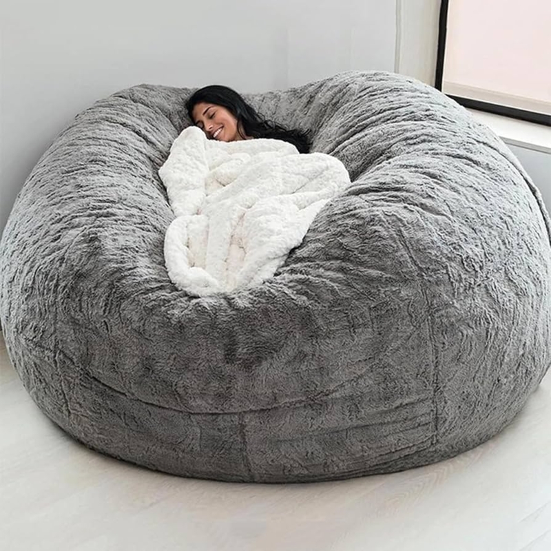 Bean Bag Chair: Grey Sunken Center Profile, High-Pile Plush Texture.