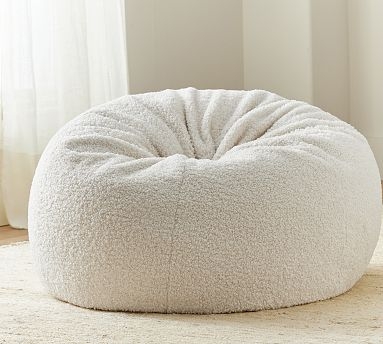 Bean Bag Chair: Ivory Teddy Faux Fur Sherpa, Gathered Top Detail
