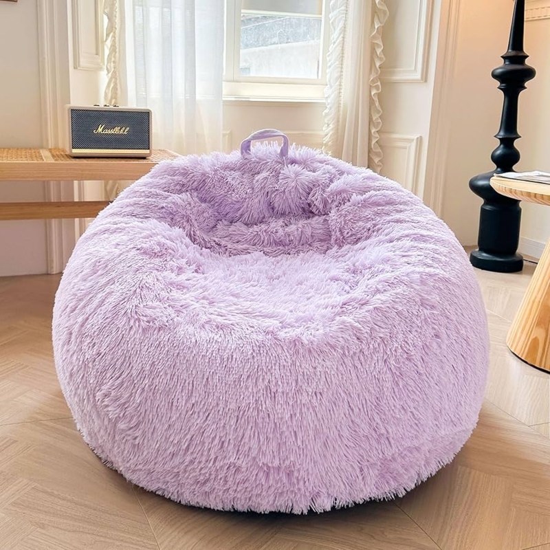 Bean Bag Chair: Lavender Faux Fur with Carry Handle, Shaggy Texture