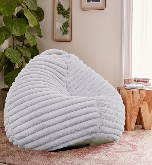 Bean Bag Chair, Light Grey Faux Fur Ribbed Striped Pattern with Handle
