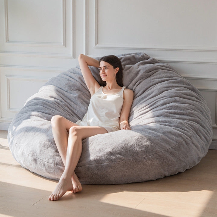Bean Bag Chair Light Grey Faux Fur Ruched Texture Giant Seat