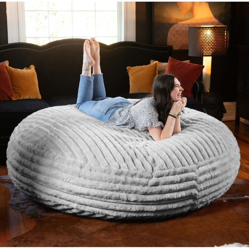 Bean Bag Chair: Light Grey Ribbed Faux Fur, Oversized Cocoon Seat.