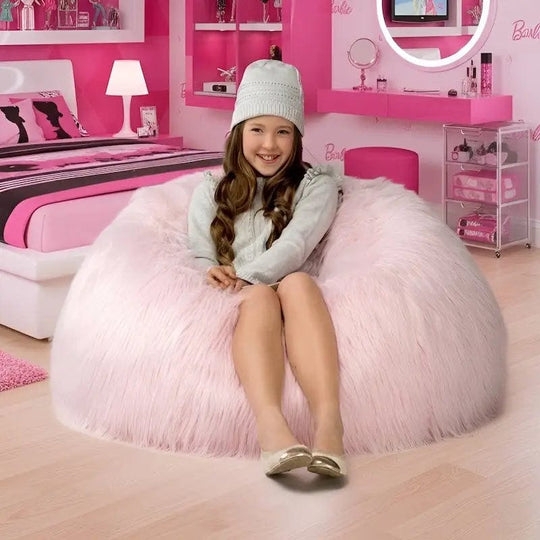 Bean Bag Chair Marshmallow Pink High Pile Faux Fur Kids Seating