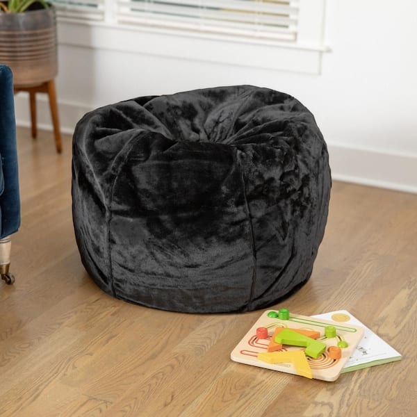 Bean Bag Chair: Matte Black Furry Fabric, Slouchy Silhouette Lounger
