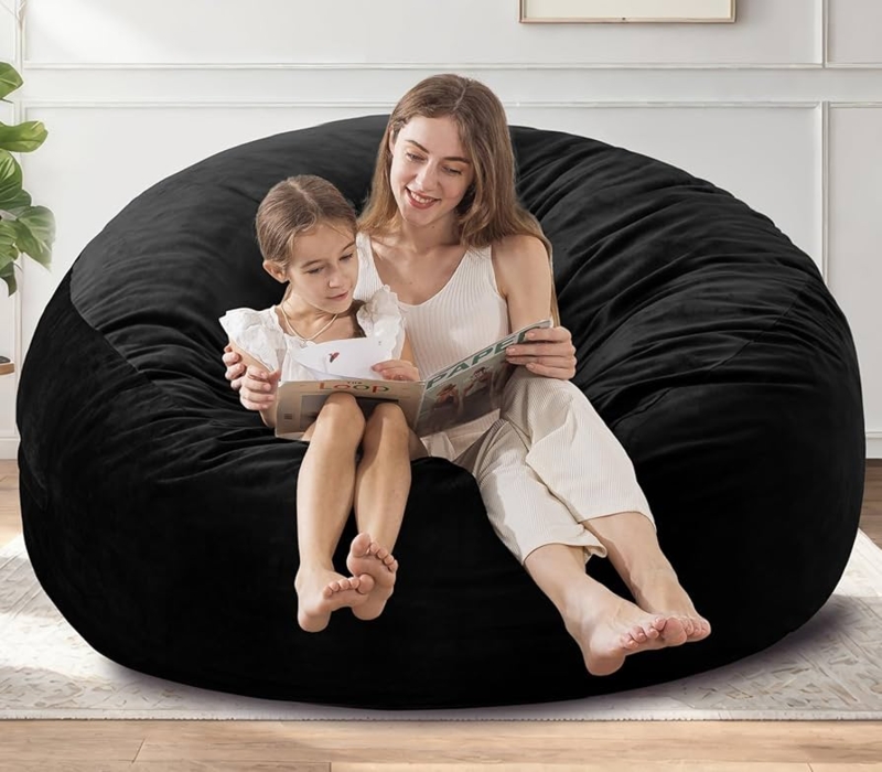 Bean Bag Chair: Matte Black Velvet-Like Fabric, Circular Memory Foam.