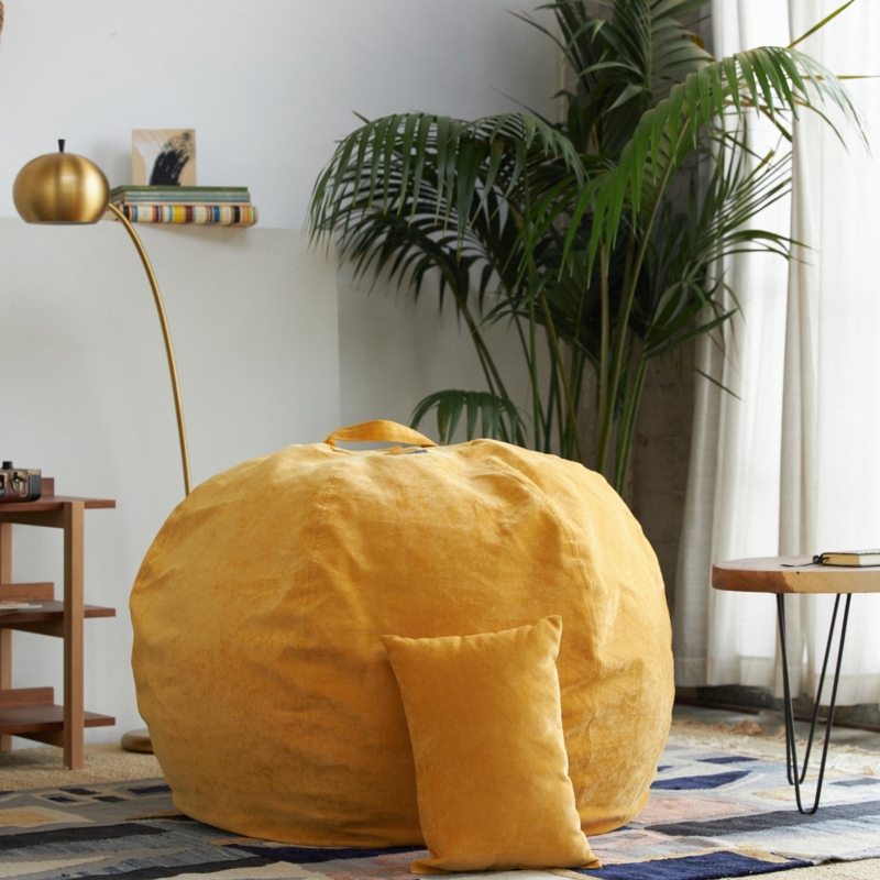 Bean Bag Chair Mustard Velvet Integrated Handle Matching Pillow