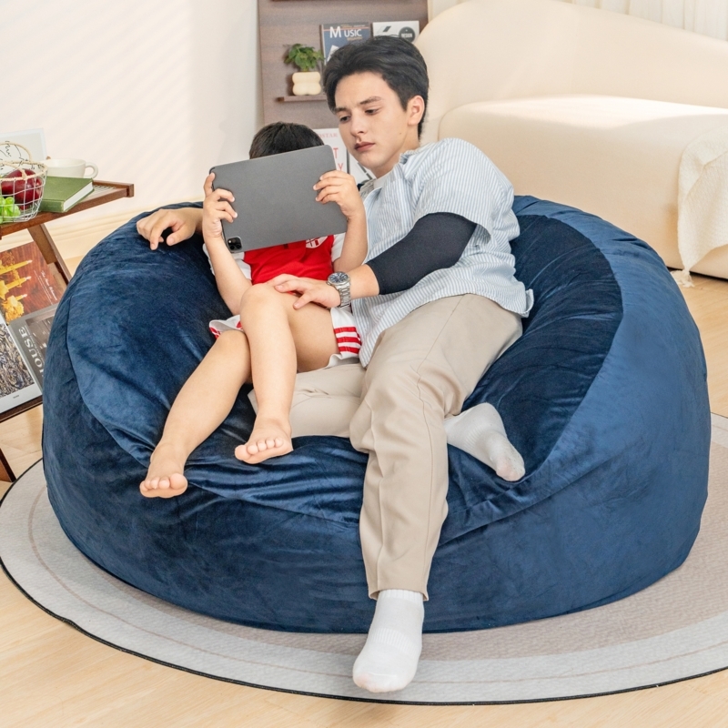 Bean Bag Chair: Navy Blue Microfiber Fabric, Round Floor Seating.