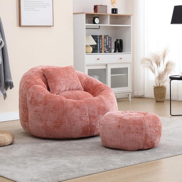 Bean Bag Chair Pink Chenille Pumpkin Shape Ottoman Set