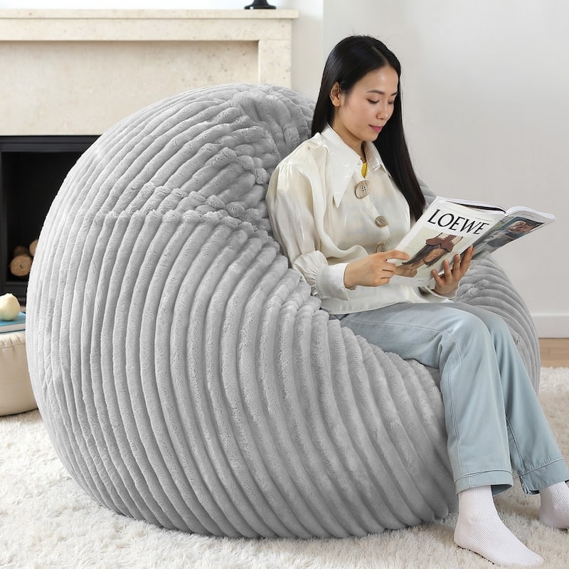 Bean Bag Chair Plush Grey Vertical Channeling Oversized