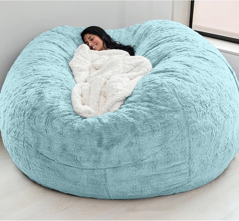 Bean Bag Chair: Powder Blue Giant Round Faux Fur, Plush Lounge Seating