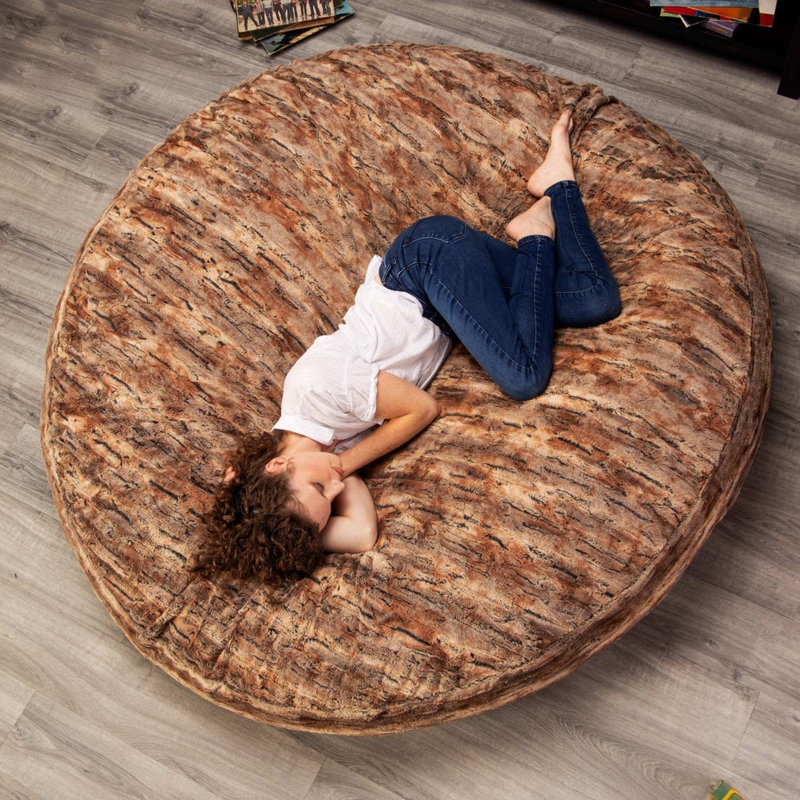 Bean Bag Chair: Reddish Brown Faux Fox Fur, Oversized Round Cocoon