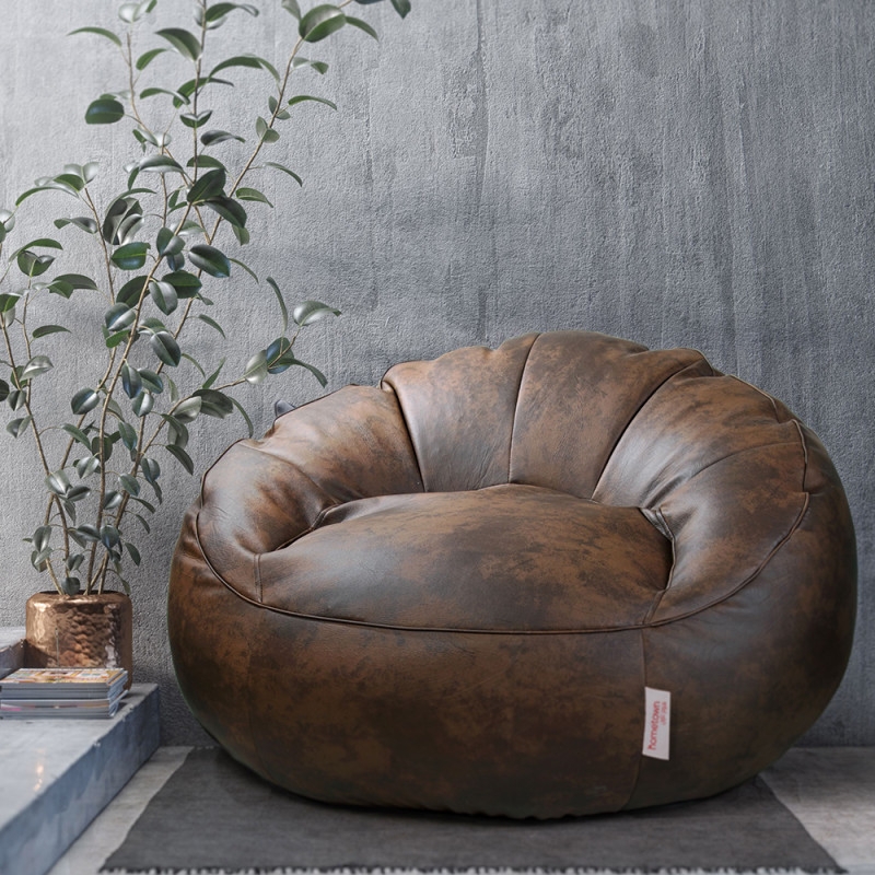 Bean Bag Chair Ribbed Seaming Chestnut Brown Distressed
