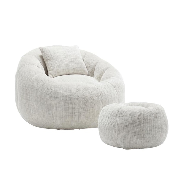 Bean Bag Chair Set Beige Chenille Pumpkin Channeled Ottoman