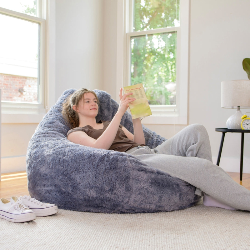 Bean Bag Chair: Shaggy High-Back Profile, Cozy Modern Floor Seating.