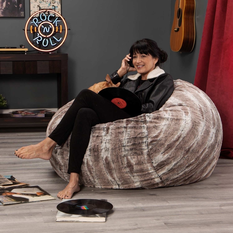 Bean Bag Chair, Silver Fox Faux Fur Mottled Pattern, Oversized Round
