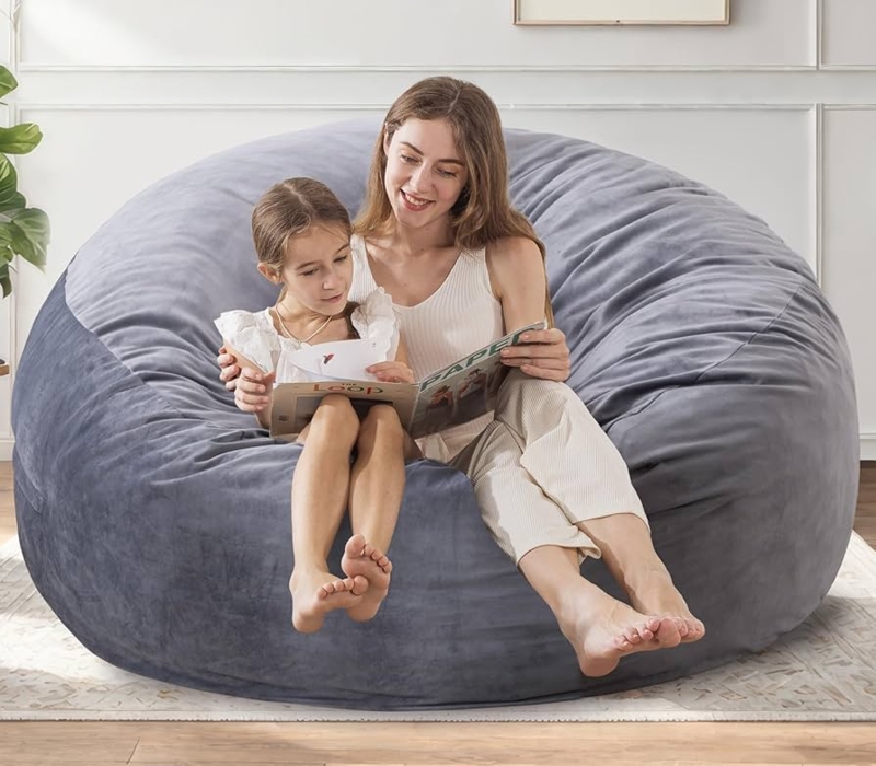 Bean Bag Chair: Slate Gray Velvet Fabric, Slouchy Memory Foam Fill.