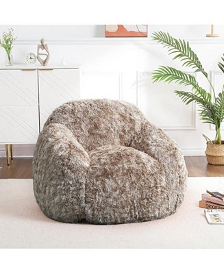 Bean Bag Chair: Taupe Faux Fur, Integrated Armrests, Structured Back